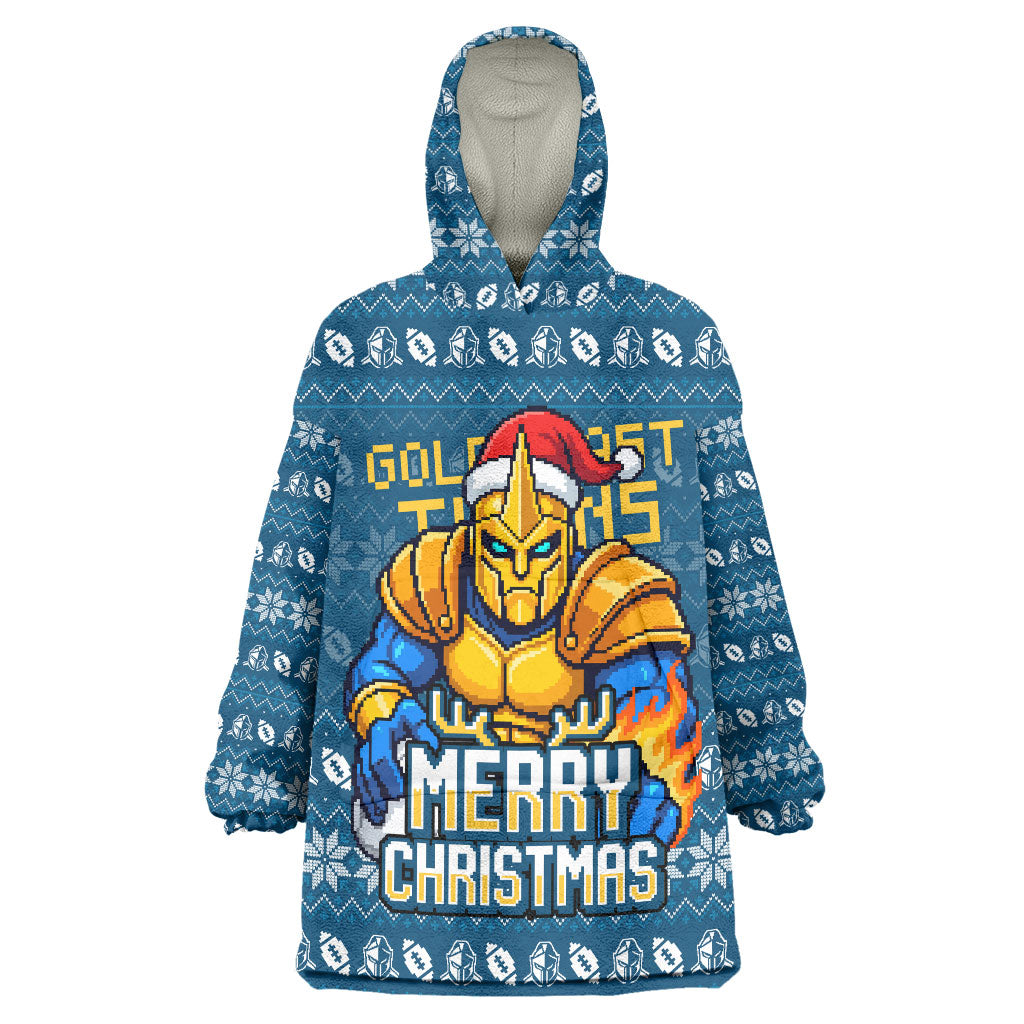 Personalized Gold Coast Titans Christmas Wearable Blanket Hoodie Australian Rugby Fans - Pixelated Ugly Xmas Pattern Mascot Santa