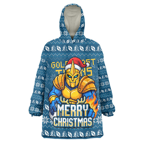 Personalized Gold Coast Titans Christmas Wearable Blanket Hoodie Australian Rugby Fans - Pixelated Ugly Xmas Pattern Mascot Santa
