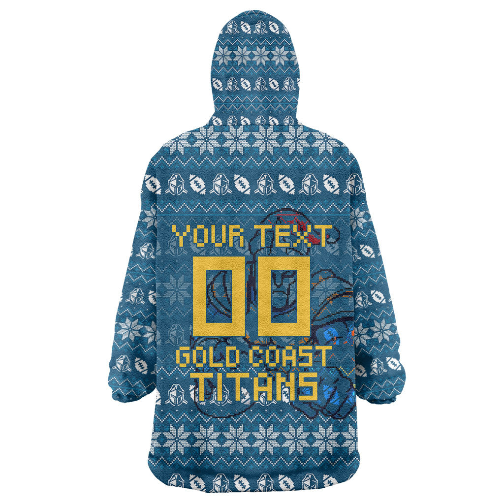 Personalized Gold Coast Titans Christmas Wearable Blanket Hoodie Australian Rugby Fans - Pixelated Ugly Xmas Pattern Mascot Santa