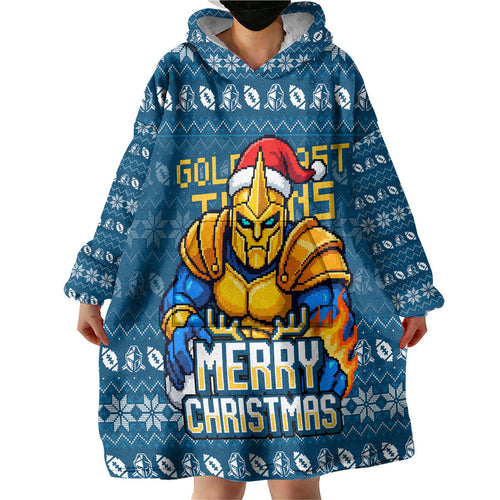 Personalized Gold Coast Titans Christmas Wearable Blanket Hoodie Australian Rugby Fans - Pixelated Ugly Xmas Pattern Mascot Santa