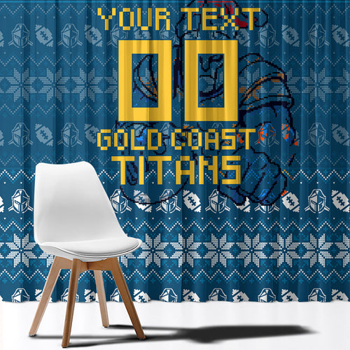 Personalized Gold Coast Titans Christmas Window Curtain Australian Rugby Fans - Pixelated Ugly Xmas Pattern Mascot Santa