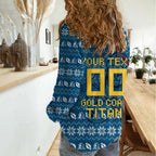 Personalized Gold Coast Titans Christmas Women Casual Shirt Australian Rugby Fans - Pixelated Ugly Xmas Pattern Mascot Santa