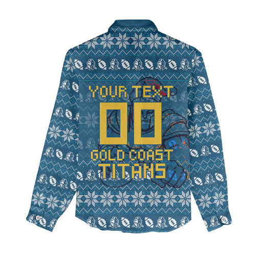Personalized Gold Coast Titans Christmas Women Casual Shirt Australian Rugby Fans - Pixelated Ugly Xmas Pattern Mascot Santa