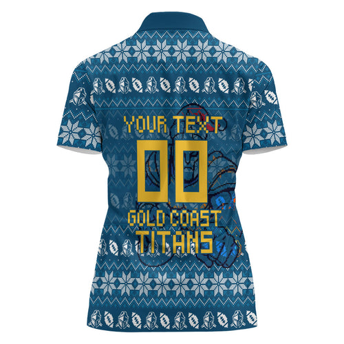 Personalized Gold Coast Titans Christmas Women Polo Shirt Australian Rugby Fans - Pixelated Ugly Xmas Pattern Mascot Santa