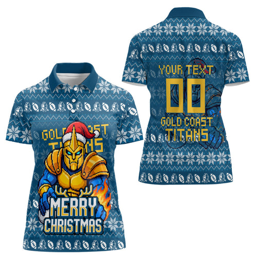 Personalized Gold Coast Titans Christmas Women Polo Shirt Australian Rugby Fans - Pixelated Ugly Xmas Pattern Mascot Santa