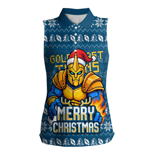 Personalized Gold Coast Titans Christmas Women Sleeveless Polo Shirt Australian Rugby Fans - Pixelated Ugly Xmas Pattern Mascot Santa