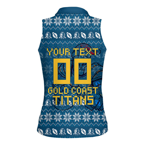 Personalized Gold Coast Titans Christmas Women Sleeveless Polo Shirt Australian Rugby Fans - Pixelated Ugly Xmas Pattern Mascot Santa