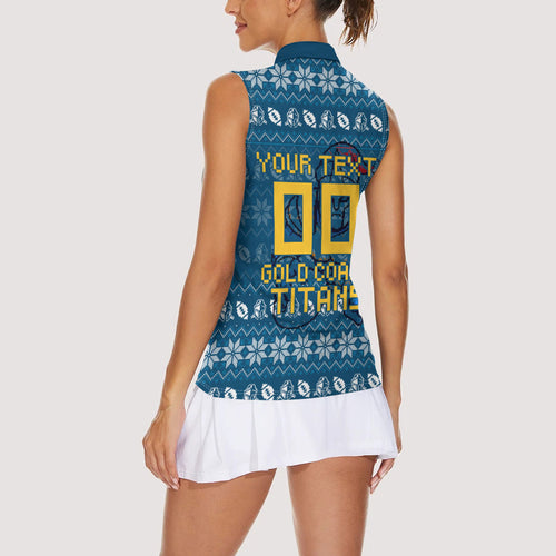 Personalized Gold Coast Titans Christmas Women Sleeveless Polo Shirt Australian Rugby Fans - Pixelated Ugly Xmas Pattern Mascot Santa