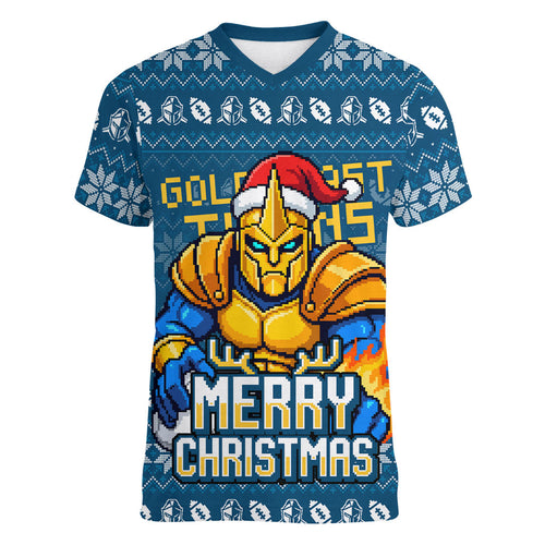 Personalized Gold Coast Titans Christmas Women V-Neck T-Shirt Australian Rugby Fans - Pixelated Ugly Xmas Pattern Mascot Santa