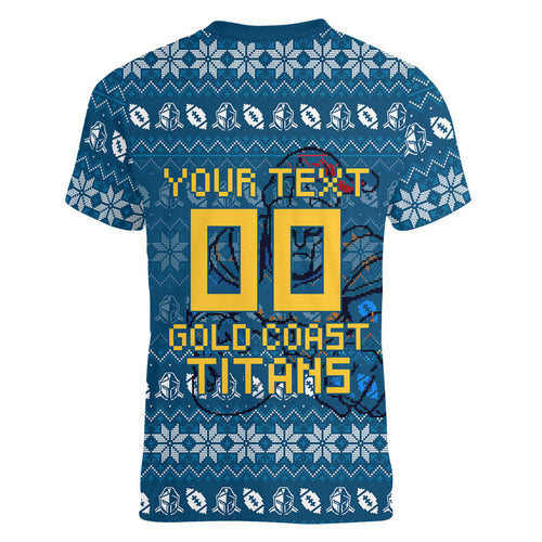 Personalized Gold Coast Titans Christmas Women V-Neck T-Shirt Australian Rugby Fans - Pixelated Ugly Xmas Pattern Mascot Santa