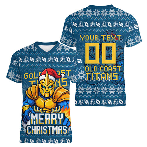 Personalized Gold Coast Titans Christmas Women V-Neck T-Shirt Australian Rugby Fans - Pixelated Ugly Xmas Pattern Mascot Santa