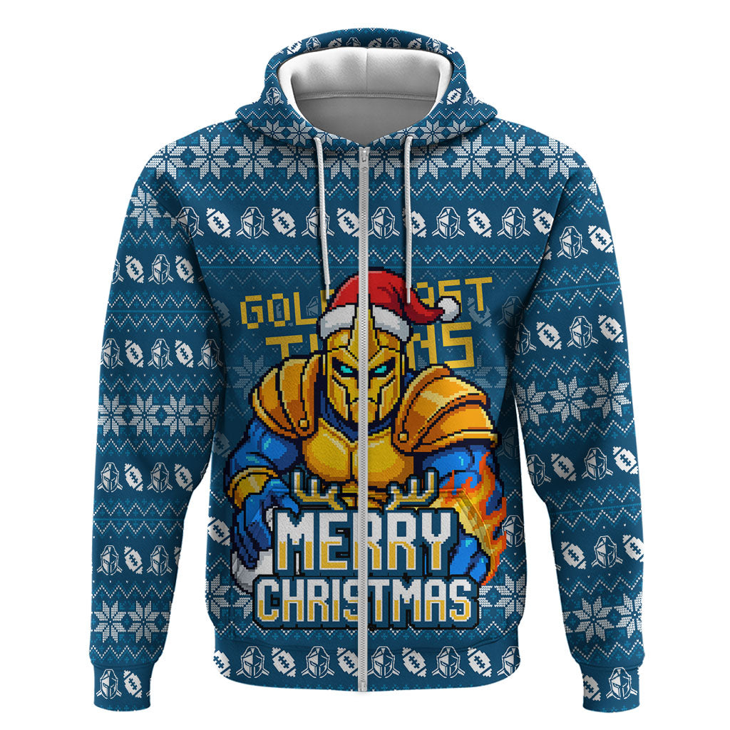 Personalized Gold Coast Titans Christmas Zip Hoodie Australian Rugby Fans - Pixelated Ugly Xmas Pattern Mascot Santa