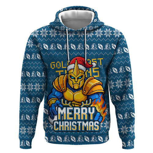 Personalized Gold Coast Titans Christmas Zip Hoodie Australian Rugby Fans - Pixelated Ugly Xmas Pattern Mascot Santa