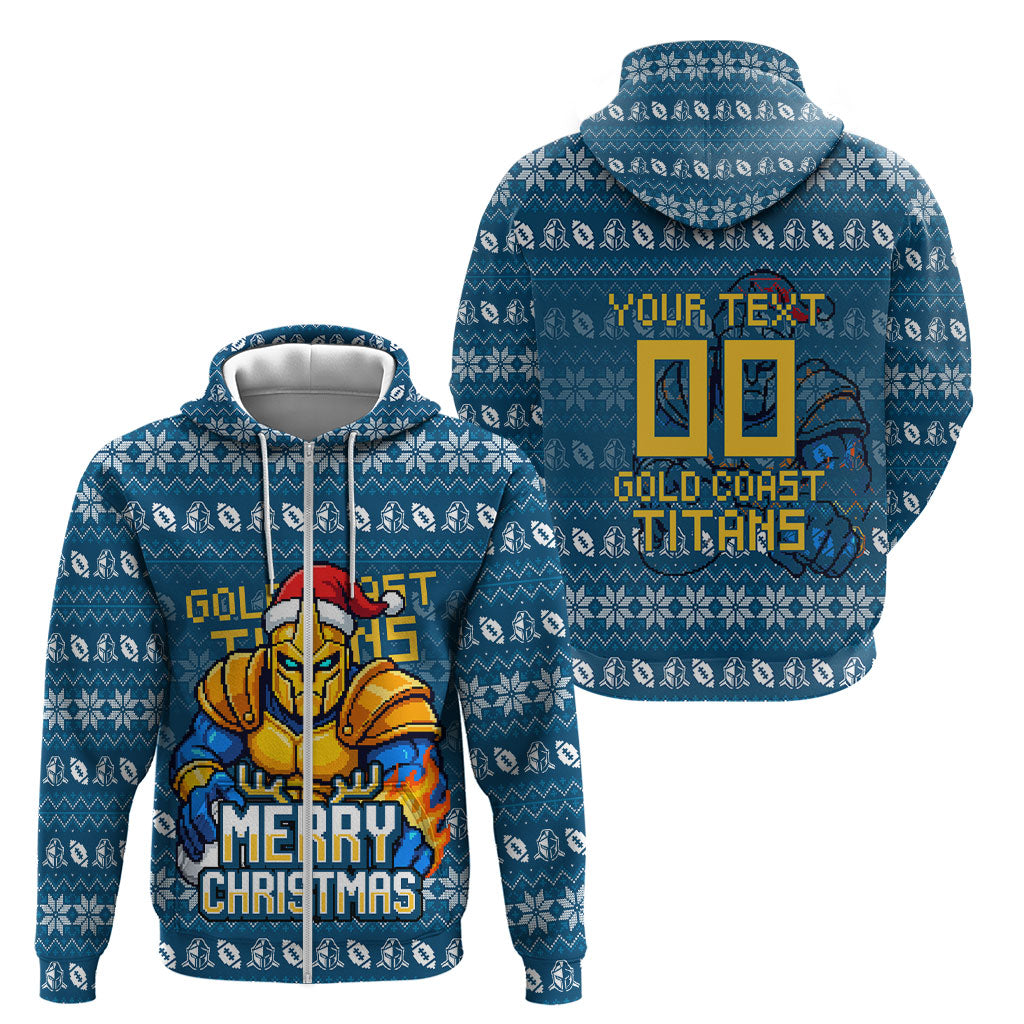 Personalized Gold Coast Titans Christmas Zip Hoodie Australian Rugby Fans - Pixelated Ugly Xmas Pattern Mascot Santa