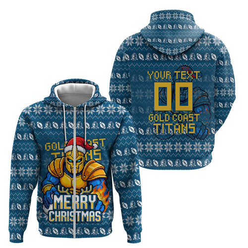 Personalized Gold Coast Titans Christmas Zip Hoodie Australian Rugby Fans - Pixelated Ugly Xmas Pattern Mascot Santa