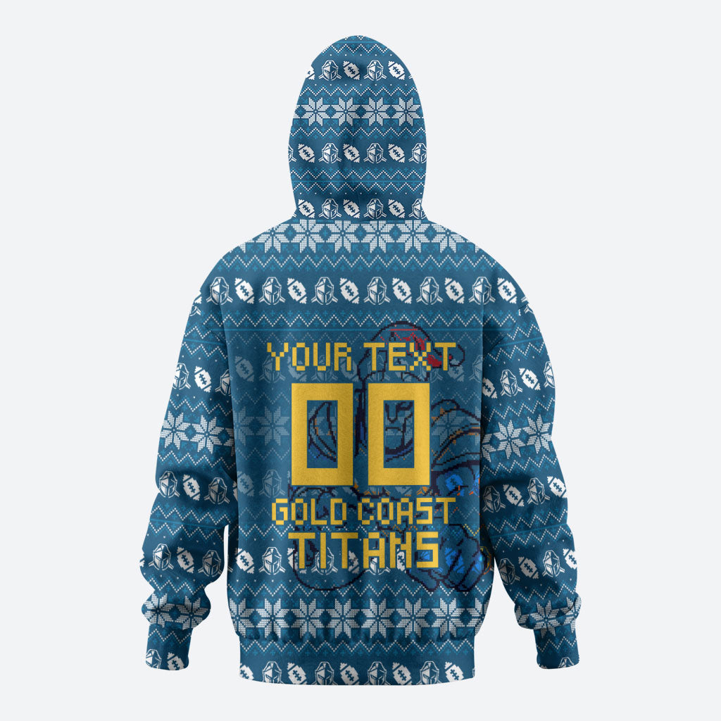 Personalized Gold Coast Titans Christmas Zip Hoodie Australian Rugby Fans - Pixelated Ugly Xmas Pattern Mascot Santa
