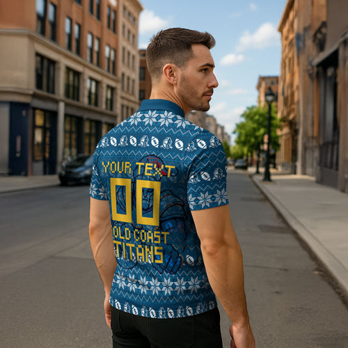 Personalized Gold Coast Titans Christmas Zipper Polo Shirt Australian Rugby Fans - Pixelated Ugly Xmas Pattern Mascot Santa
