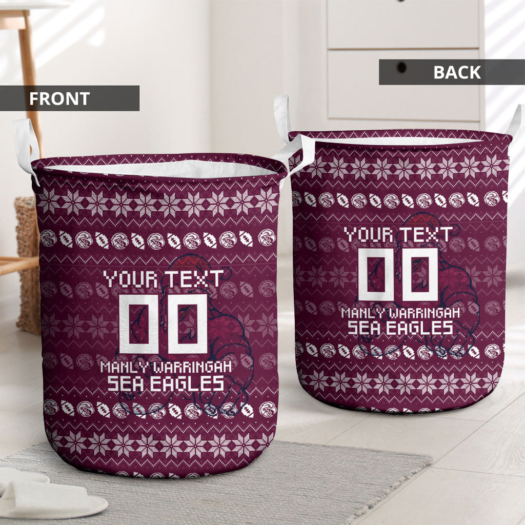 Personalized Sea Eagles Christmas Laundry Basket Australian Rugby Fans - Pixelated Ugly Xmas Pattern Mascot Santa