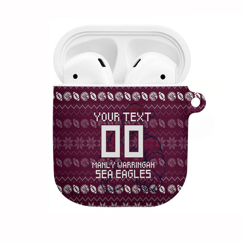 Personalized Sea Eagles Christmas AirPods Case Australian Rugby Fans - Pixelated Ugly Xmas Pattern Mascot Santa