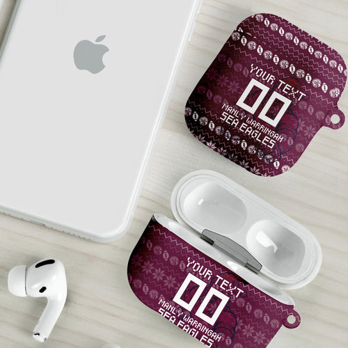 Personalized Sea Eagles Christmas AirPods Case Australian Rugby Fans - Pixelated Ugly Xmas Pattern Mascot Santa