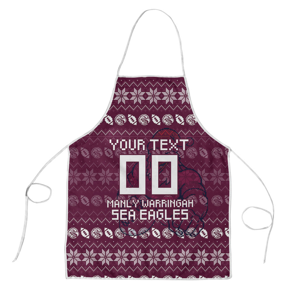 Personalized Sea Eagles Christmas Apron Australian Rugby Fans - Pixelated Ugly Xmas Pattern Mascot Santa