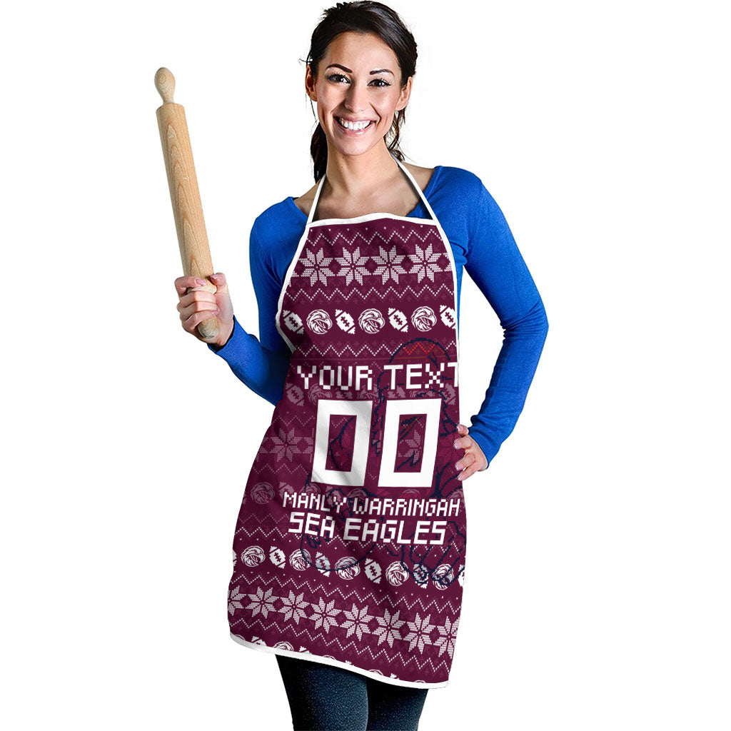 Personalized Sea Eagles Christmas Apron Australian Rugby Fans - Pixelated Ugly Xmas Pattern Mascot Santa