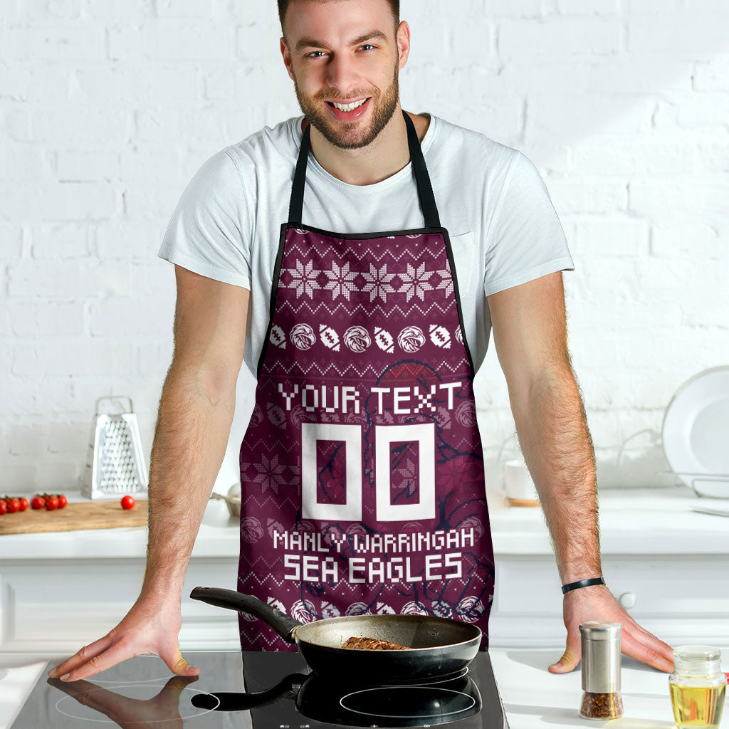 Personalized Sea Eagles Christmas Apron Australian Rugby Fans - Pixelated Ugly Xmas Pattern Mascot Santa