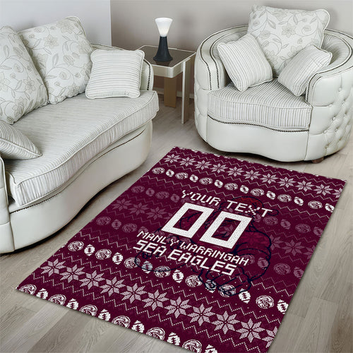 Personalized Sea Eagles Christmas Area Rug Australian Rugby Fans - Pixelated Ugly Xmas Pattern Mascot Santa