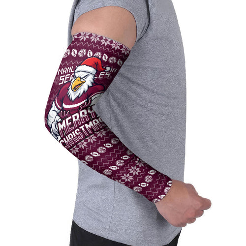 Personalized Sea Eagles Christmas Arm Sleeves Australian Rugby Fans - Pixelated Ugly Xmas Pattern Mascot Santa
