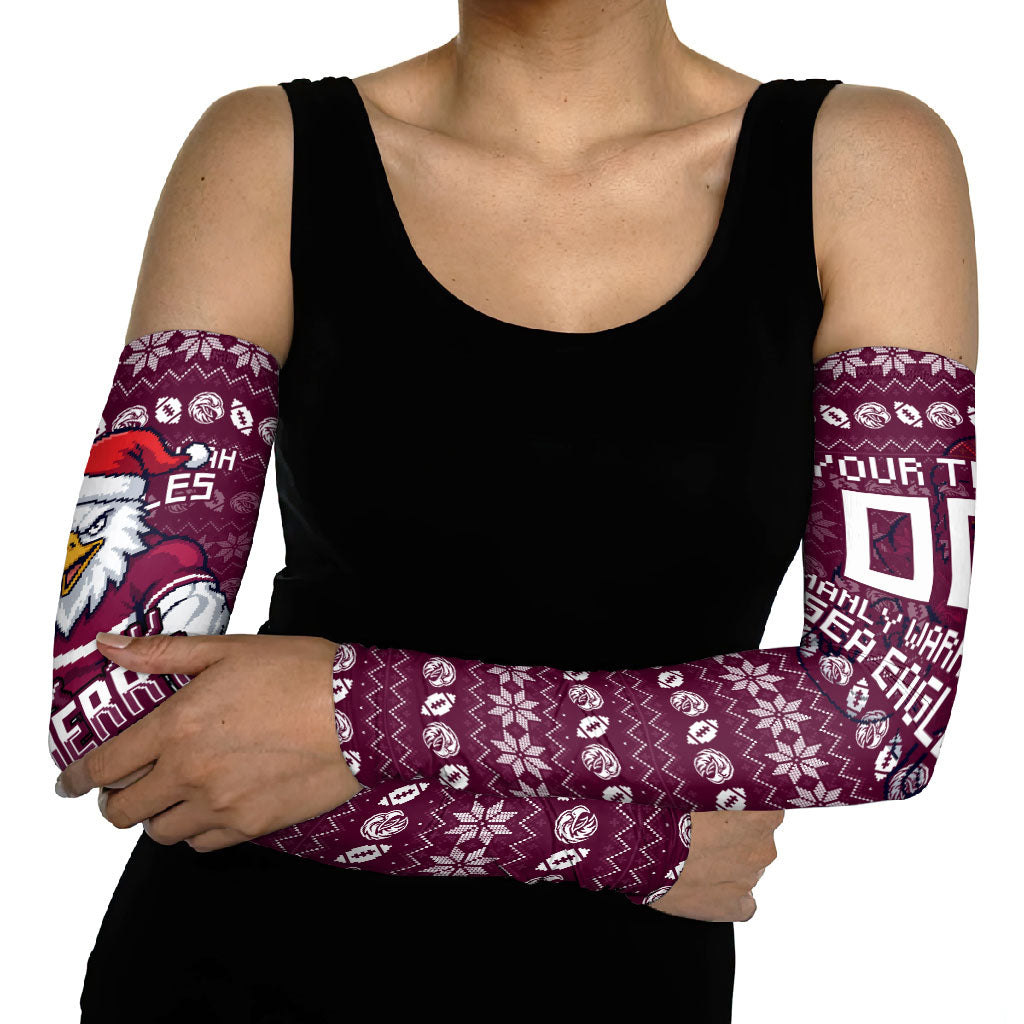 Personalized Sea Eagles Christmas Arm Sleeves Australian Rugby Fans - Pixelated Ugly Xmas Pattern Mascot Santa