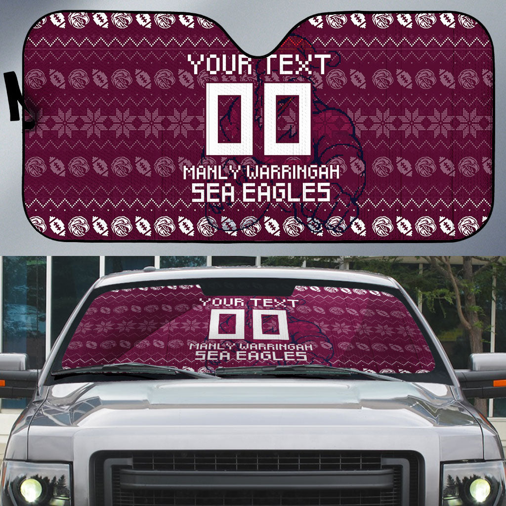 Personalized Sea Eagles Christmas Auto Sun Shade Australian Rugby Fans - Pixelated Ugly Xmas Pattern Mascot Santa