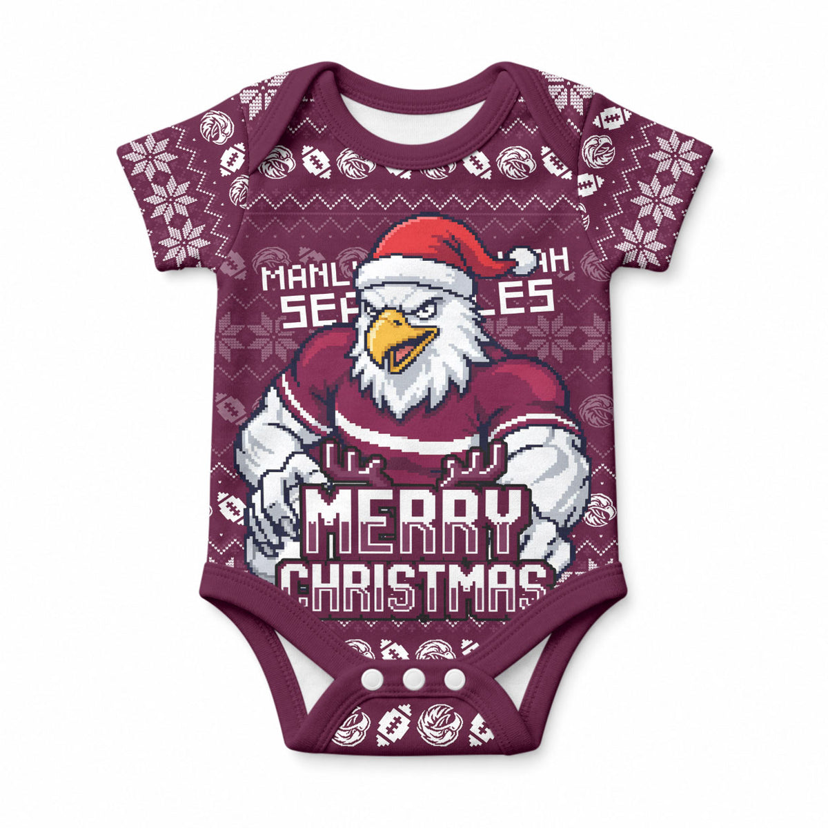 Personalized Sea Eagles Christmas Baby Onesie Australian Rugby Fans - Pixelated Ugly Xmas Pattern Mascot Santa
