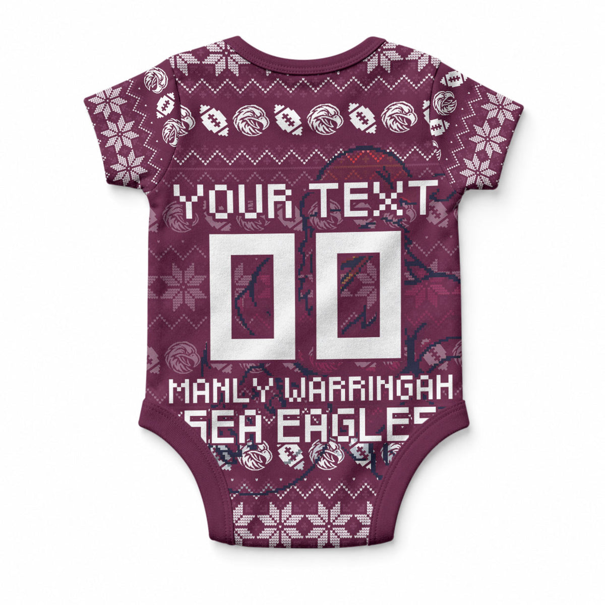 Personalized Sea Eagles Christmas Baby Onesie Australian Rugby Fans - Pixelated Ugly Xmas Pattern Mascot Santa