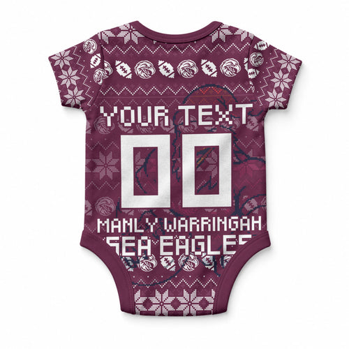 Personalized Sea Eagles Christmas Baby Onesie Australian Rugby Fans - Pixelated Ugly Xmas Pattern Mascot Santa