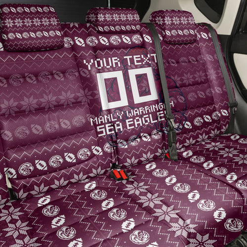 Personalized Sea Eagles Christmas Back Car Seat Cover Australian Rugby Fans - Pixelated Ugly Xmas Pattern Mascot Santa