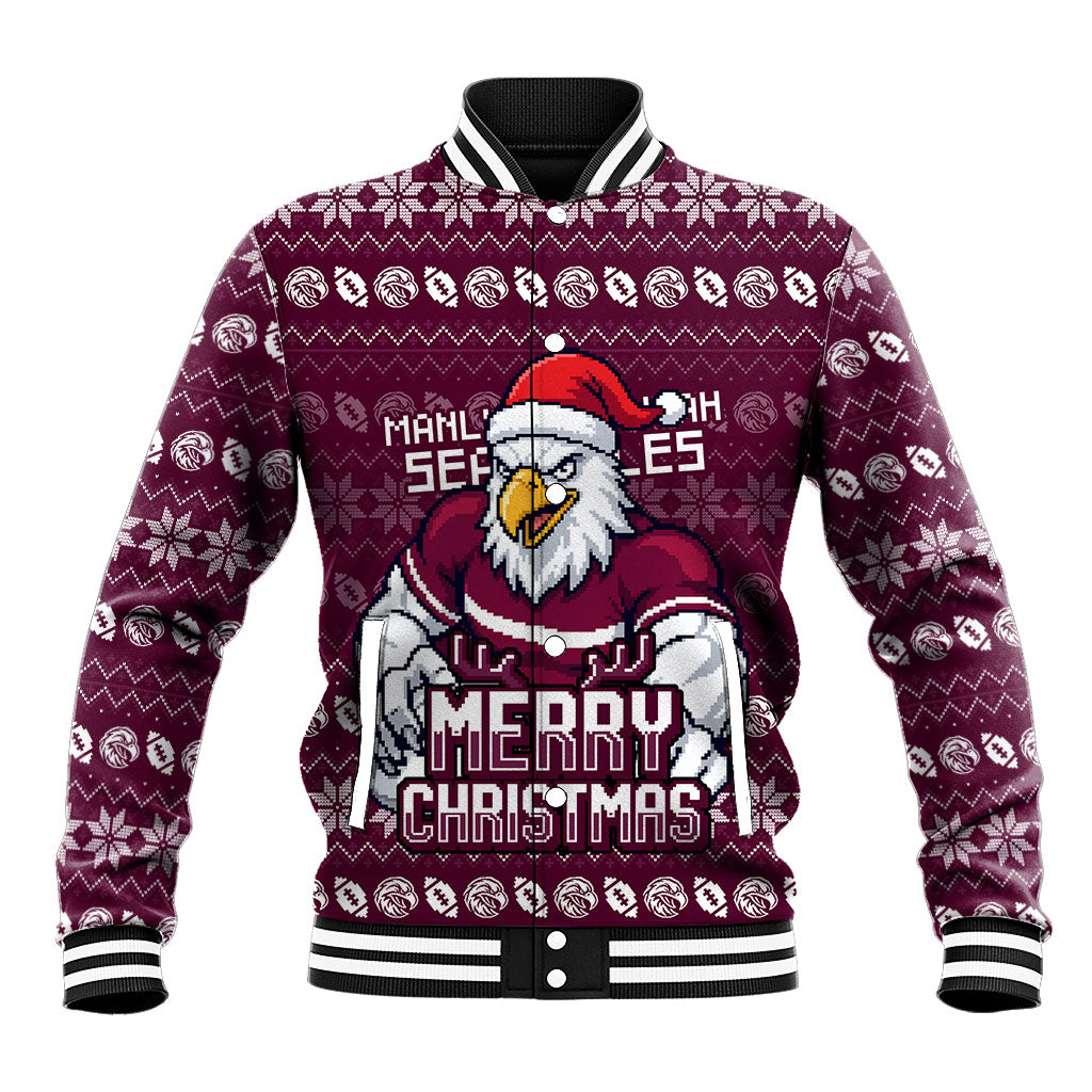 Personalized Sea Eagles Christmas Baseball Jacket Australian Rugby Fans - Pixelated Ugly Xmas Pattern Mascot Santa