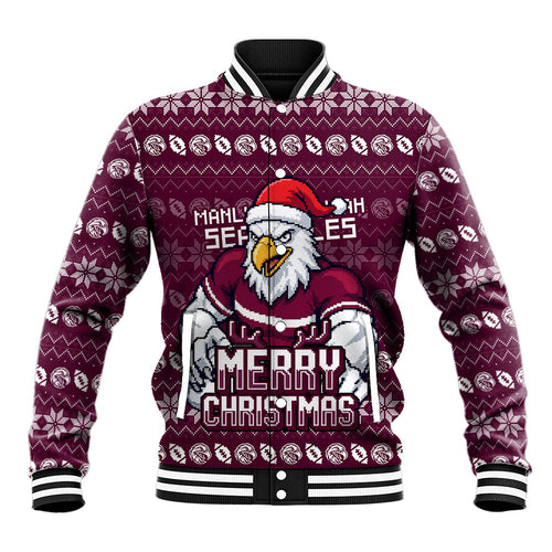 Personalized Sea Eagles Christmas Baseball Jacket Australian Rugby Fans - Pixelated Ugly Xmas Pattern Mascot Santa