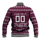 Personalized Sea Eagles Christmas Baseball Jacket Australian Rugby Fans - Pixelated Ugly Xmas Pattern Mascot Santa