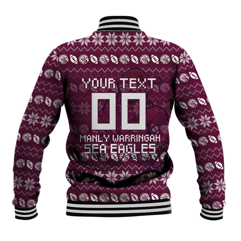 Personalized Sea Eagles Christmas Baseball Jacket Australian Rugby Fans - Pixelated Ugly Xmas Pattern Mascot Santa