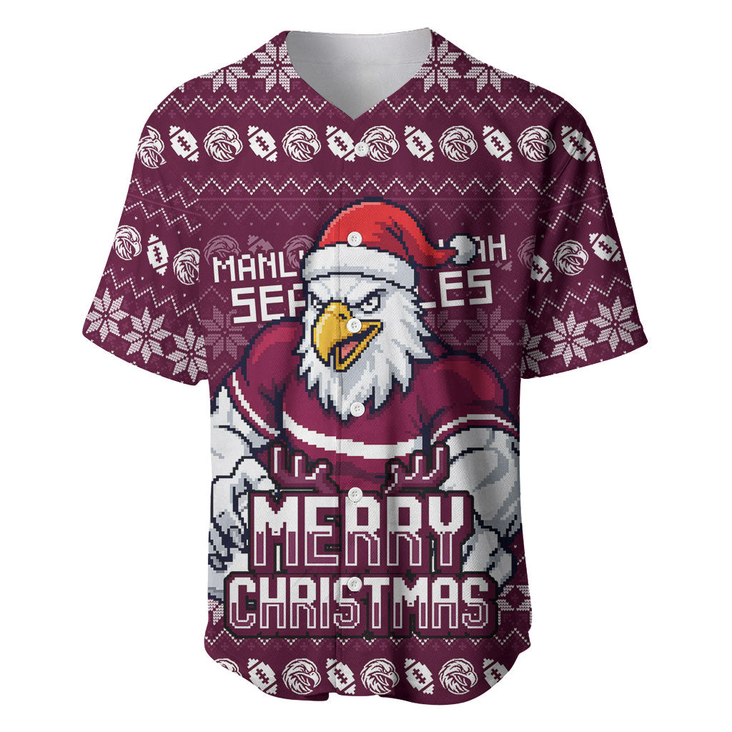 Personalized Sea Eagles Christmas Baseball Jersey Australian Rugby Fans - Pixelated Ugly Xmas Pattern Mascot Santa