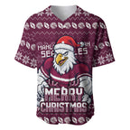Personalized Sea Eagles Christmas Baseball Jersey Australian Rugby Fans - Pixelated Ugly Xmas Pattern Mascot Santa