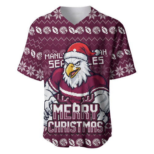 Personalized Sea Eagles Christmas Baseball Jersey Australian Rugby Fans - Pixelated Ugly Xmas Pattern Mascot Santa