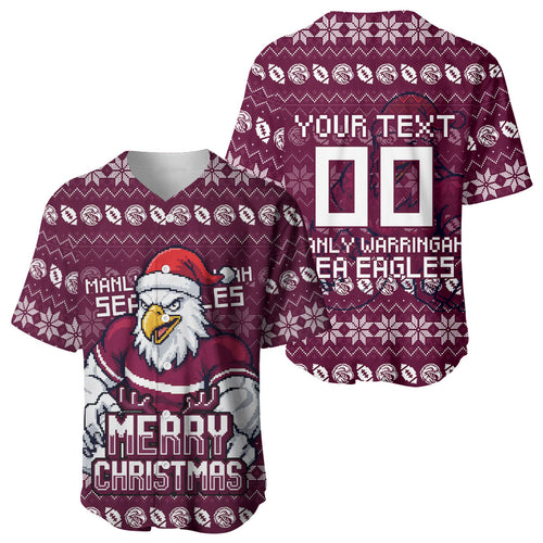 Personalized Sea Eagles Christmas Baseball Jersey Australian Rugby Fans - Pixelated Ugly Xmas Pattern Mascot Santa