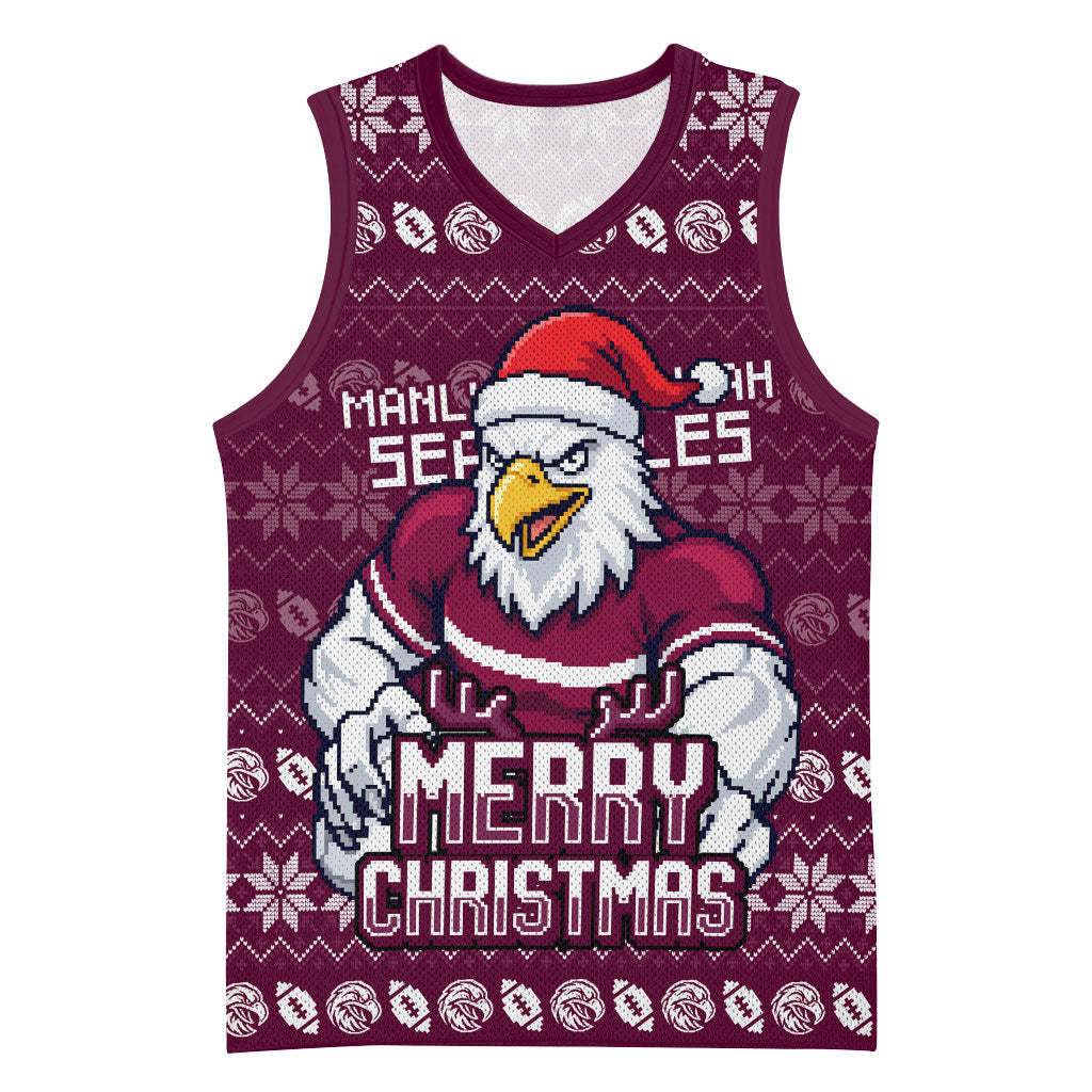 Personalized Sea Eagles Christmas Basketball Jersey Australian Rugby Fans - Pixelated Ugly Xmas Pattern Mascot Santa