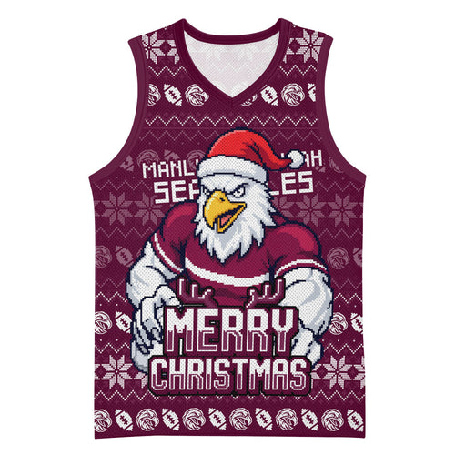 Personalized Sea Eagles Christmas Basketball Jersey Australian Rugby Fans - Pixelated Ugly Xmas Pattern Mascot Santa