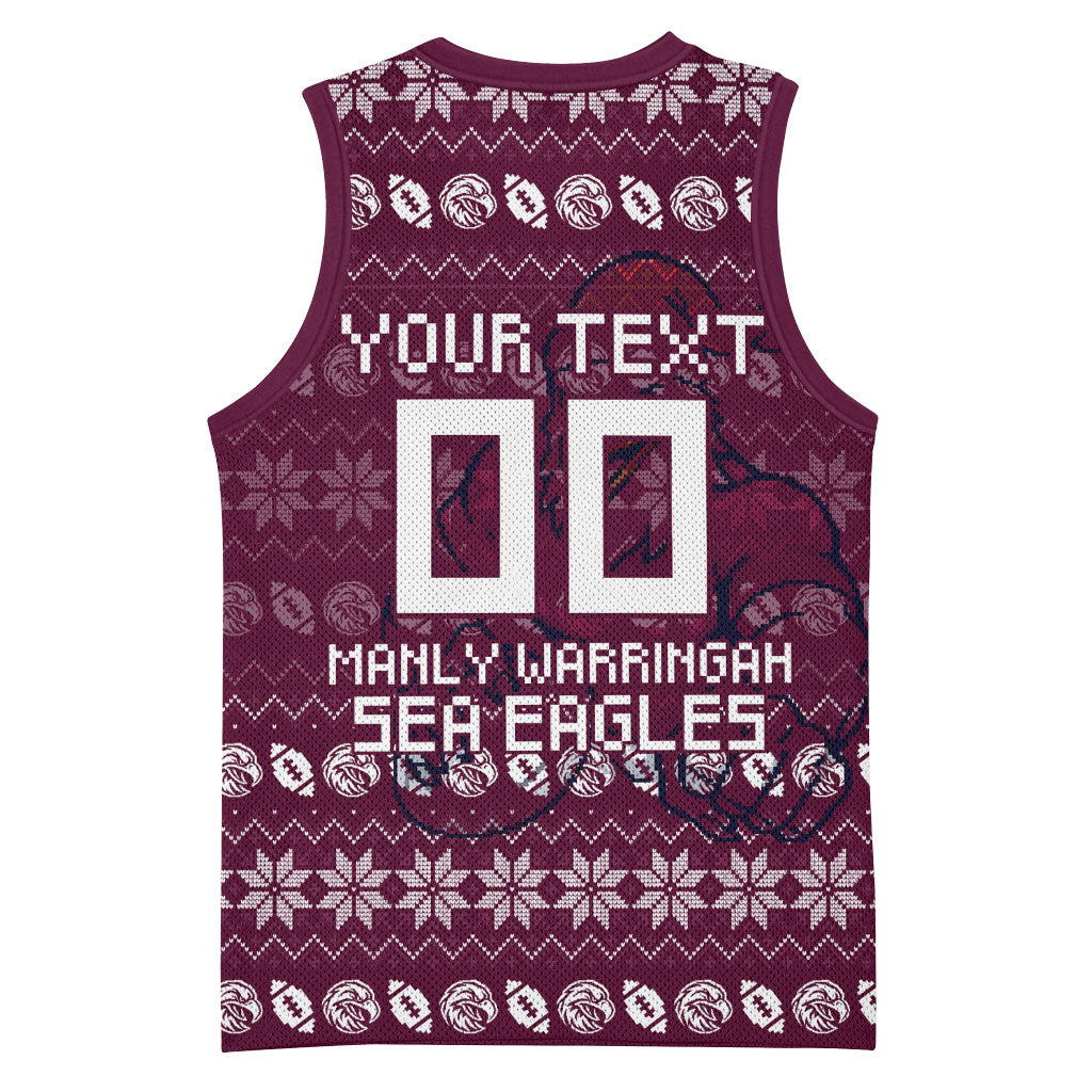 Personalized Sea Eagles Christmas Basketball Jersey Australian Rugby Fans - Pixelated Ugly Xmas Pattern Mascot Santa