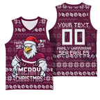 Personalized Sea Eagles Christmas Basketball Jersey Australian Rugby Fans - Pixelated Ugly Xmas Pattern Mascot Santa