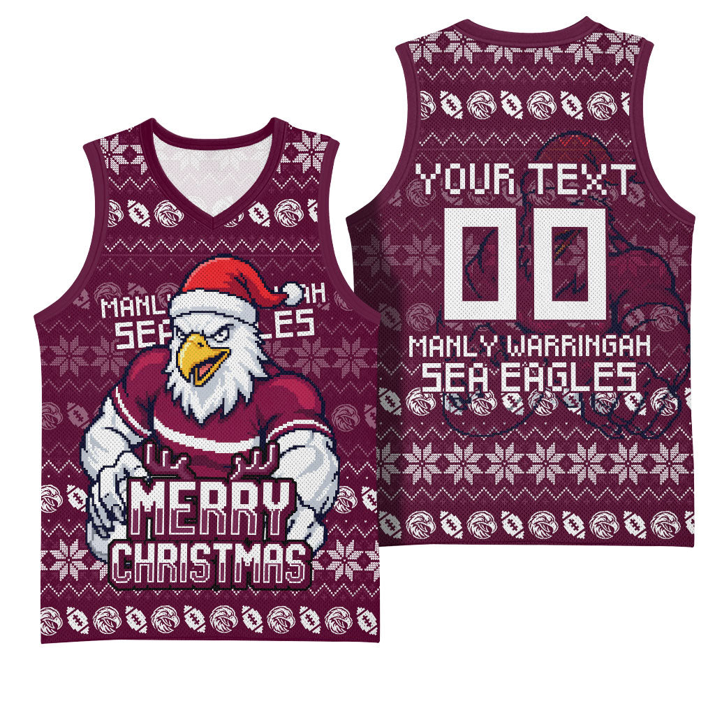 Personalized Sea Eagles Christmas Basketball Jersey Australian Rugby Fans - Pixelated Ugly Xmas Pattern Mascot Santa