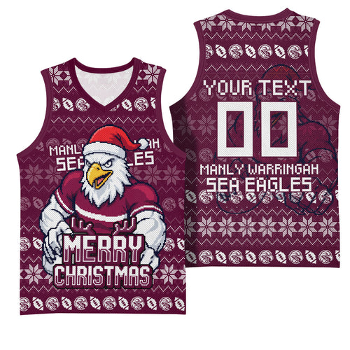 Personalized Sea Eagles Christmas Basketball Jersey Australian Rugby Fans - Pixelated Ugly Xmas Pattern Mascot Santa