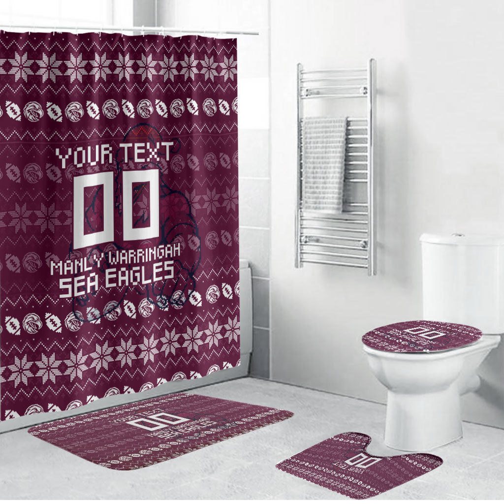 Personalized Sea Eagles Christmas Bathroom Set Australian Rugby Fans - Pixelated Ugly Xmas Pattern Mascot Santa